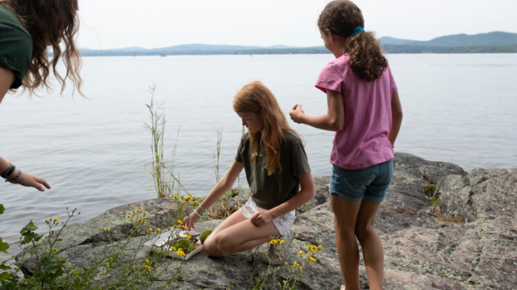 Girls on rock with flowers.