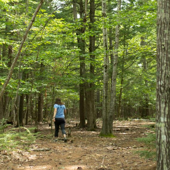 Girl walking in woods.